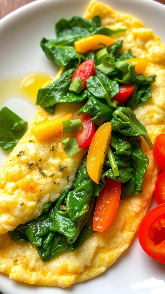 Fluffy Egg White Omelette Recipe A fluffy egg white omelette with spinach and bell peppers on a white plate, garnished with herbs and sliced tomatoes.